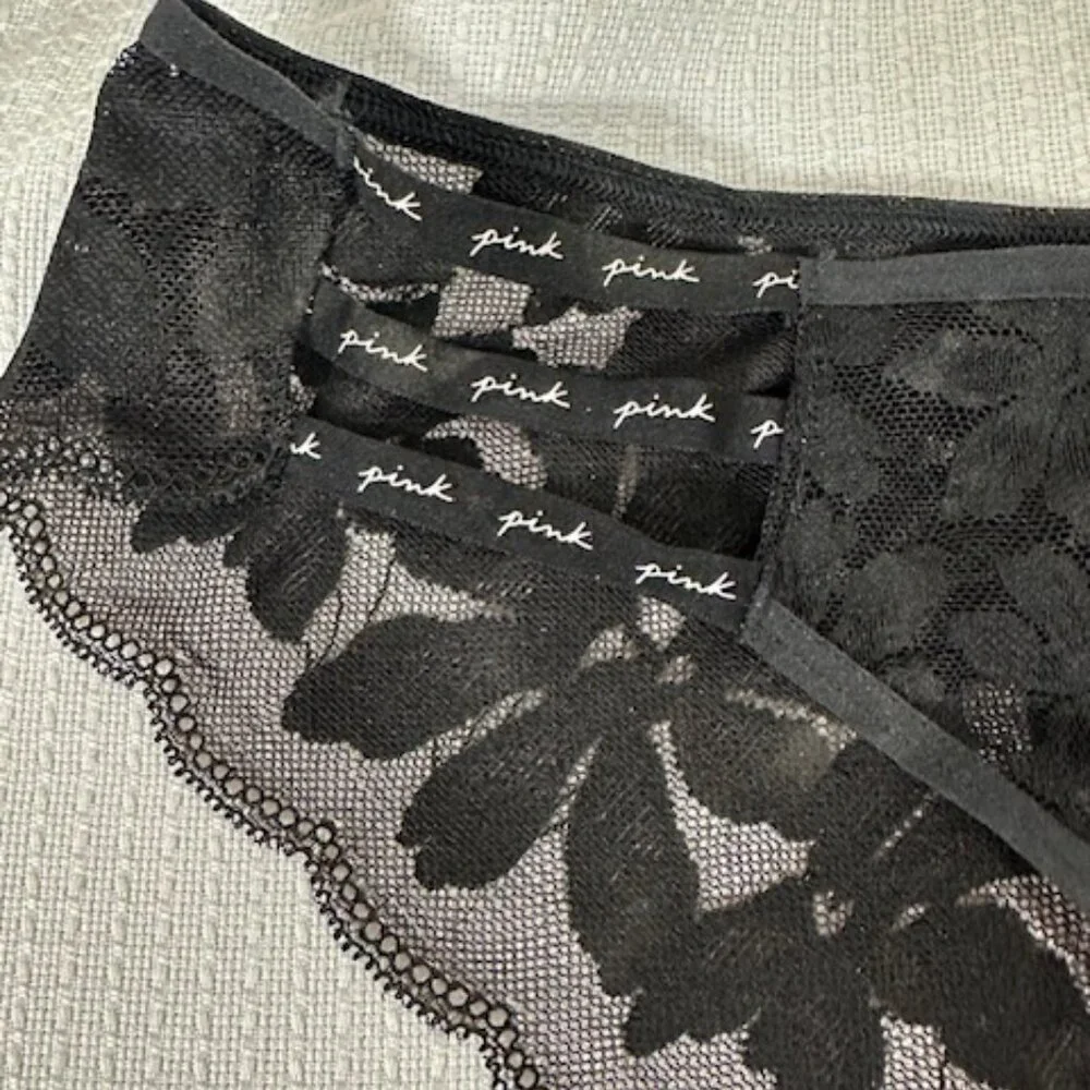 Victoria's Secret "Pink" Strappy Black Lace Floral Cheekster Panty  8350 - Picture 5 of 8
